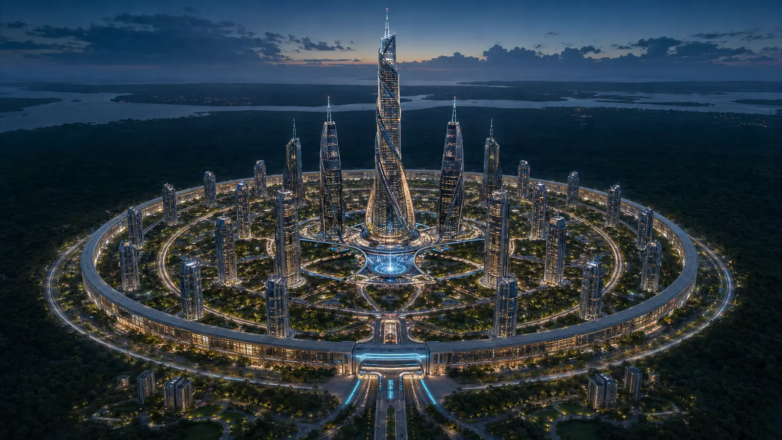 Masterplan conceitual do NEXO 101 com 25 torres em hierarquia piramidal