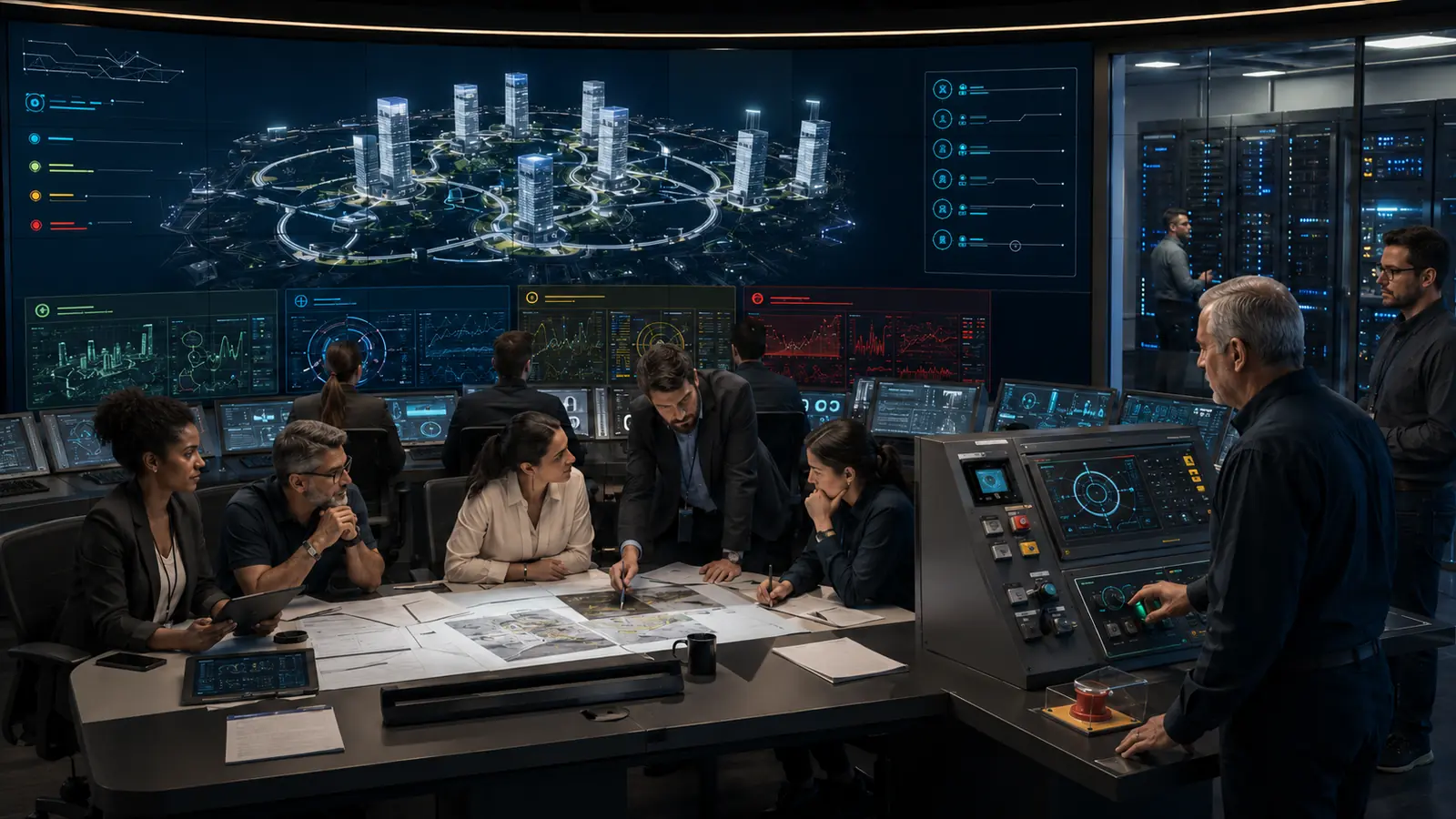 Centro cognitivo conceitual da NIA-101 com equipe humana supervisionando o gêmeo digital urbano