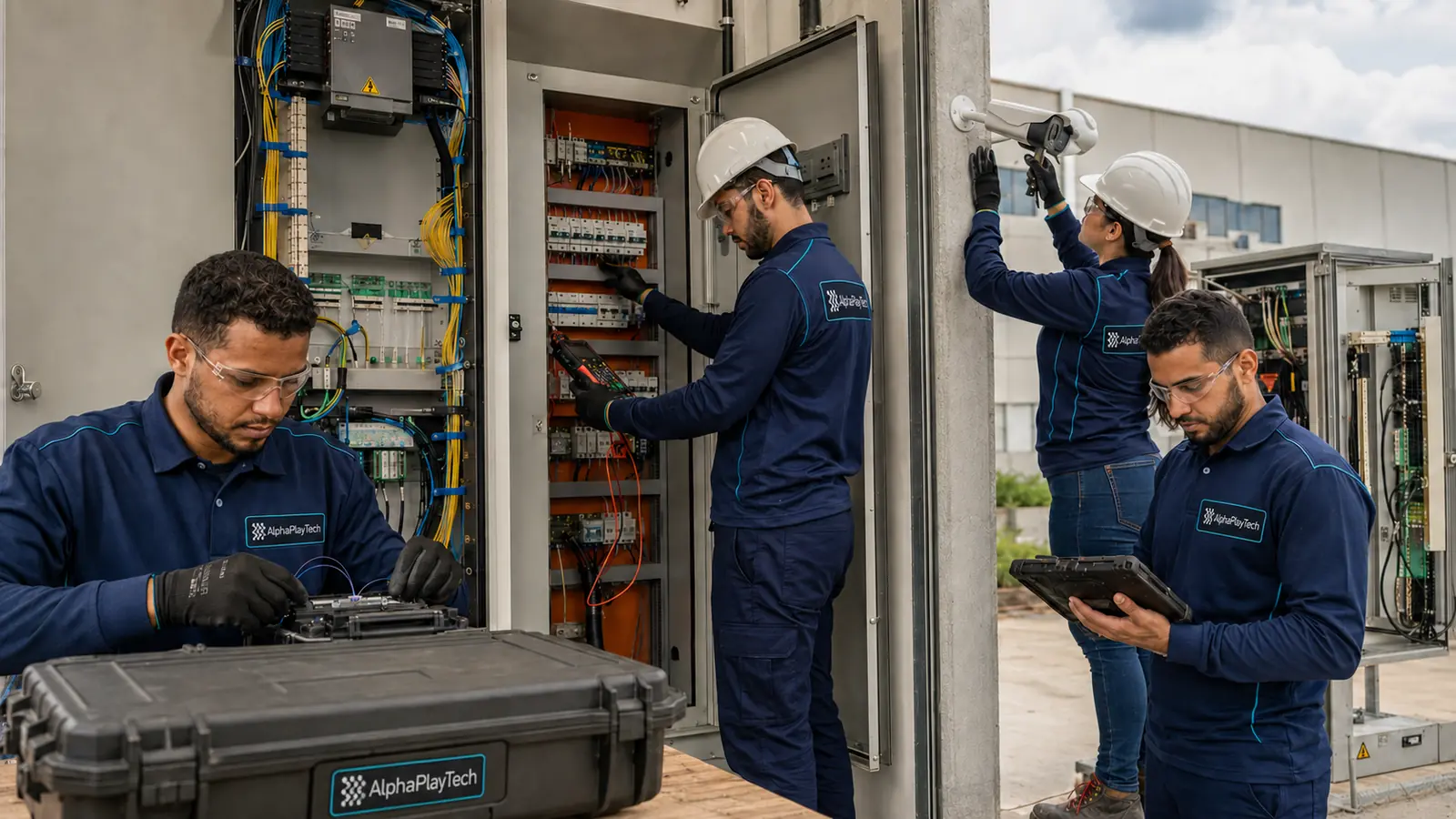 Equipe AlphaPlayTech em implantação integrada de fibra, elétrica e CFTV