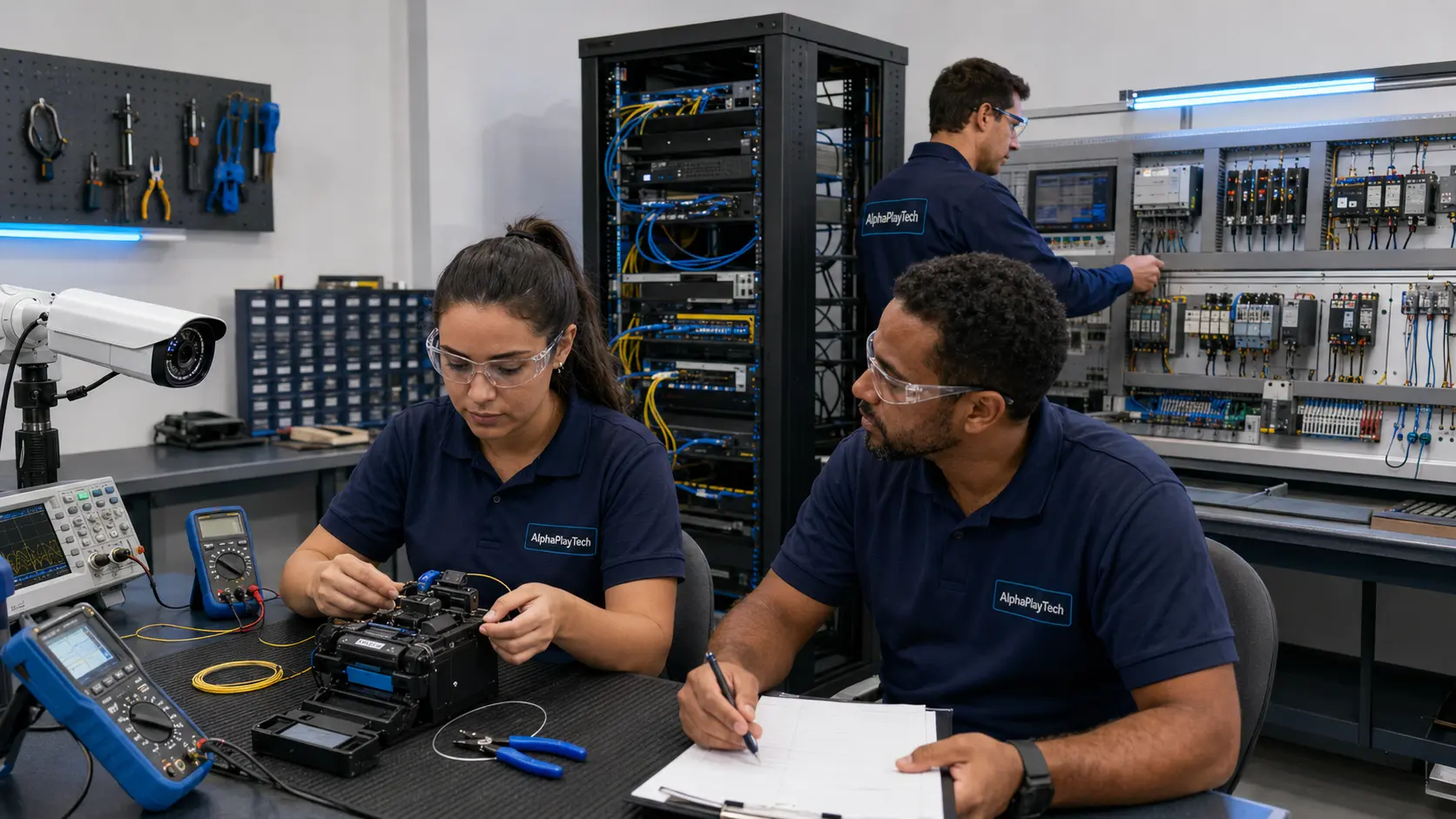 Equipe técnica AlphaPlayTech em laboratório de redes e automação